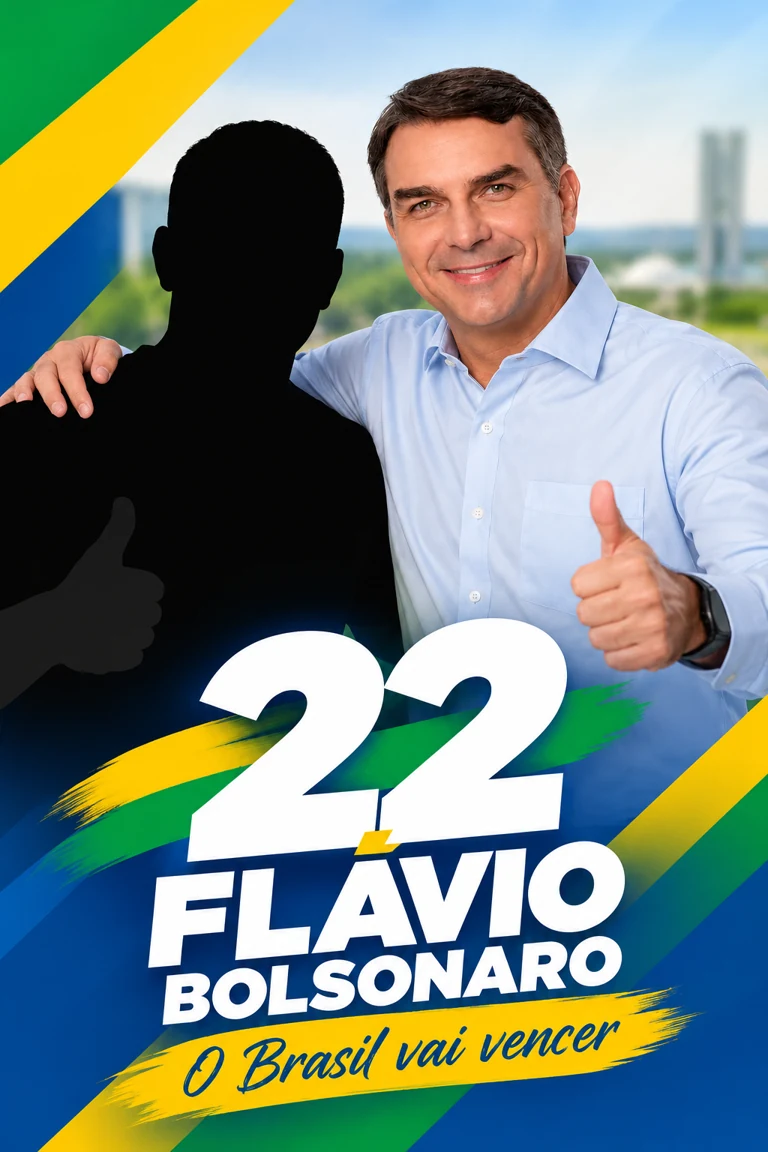Exemplo do estilo Campanha com Flávio Bolsonaro e uma silhueta preta no lugar do cliente.