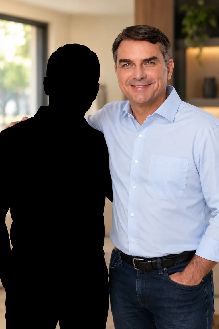 Exemplo do estilo Retrato com Flávio Bolsonaro e uma silhueta preta no lugar do cliente.