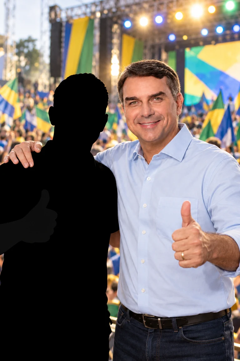 Exemplo do estilo Comício com Flávio Bolsonaro e uma silhueta preta no lugar do cliente.