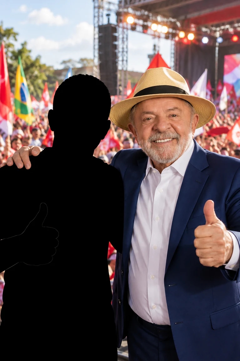 Exemplo do estilo Comício com Lula e uma silhueta preta no lugar do cliente.